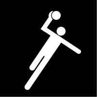svartvit bildstödssymbol med en person som hoppar upp med ena armen höjd hållandes en boll