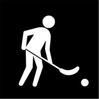 svartvit bildstödssymbol md en person som håller i en innebandyklubba och en innebandyboll ligger strax framför